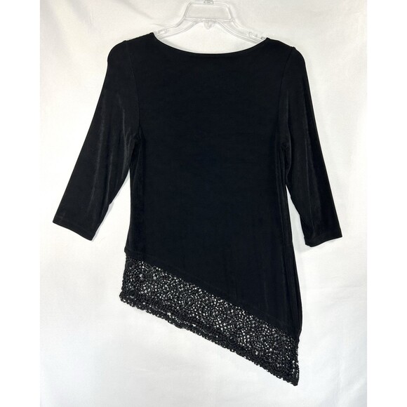 Chicos Travelers Black Lace Top Size 0 US Small Asymmetric Stretch 3/4 Sleeve - Picture 5 of 10